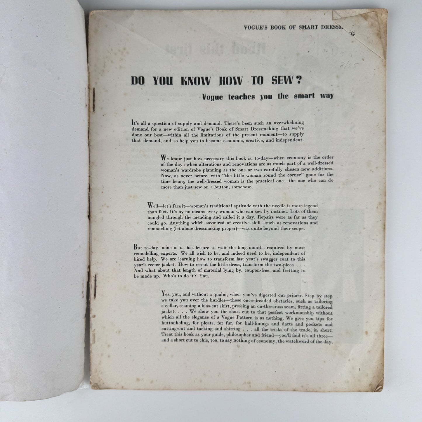 Vogue's Book of Smart Dressmaking, Paperback 1943, War Time Edition (Copy) - Pretty Old Books