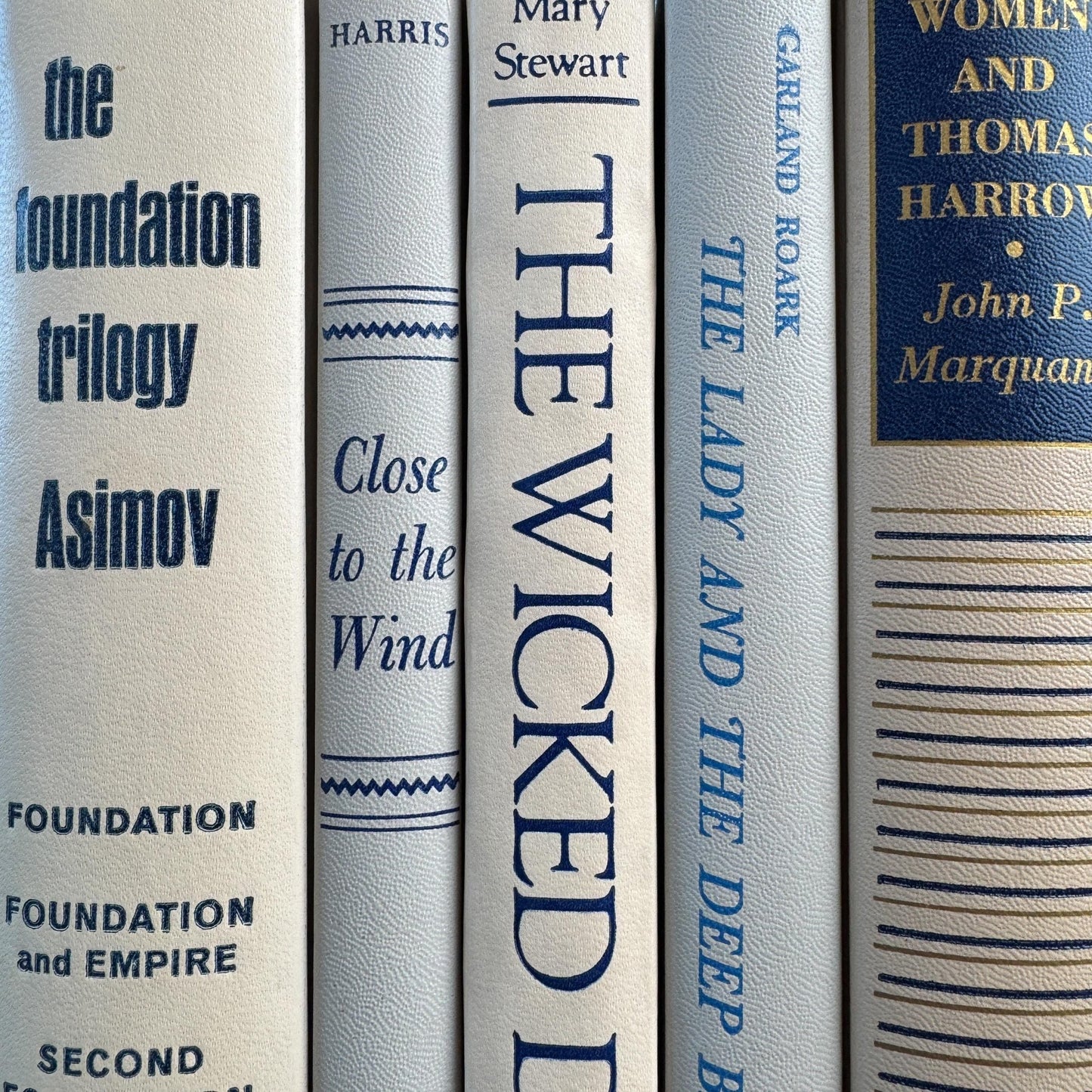 White, Beige, Gray, Blue Vintage Book Set for Mid Century Modern Shelf Styling - Pretty Old Books