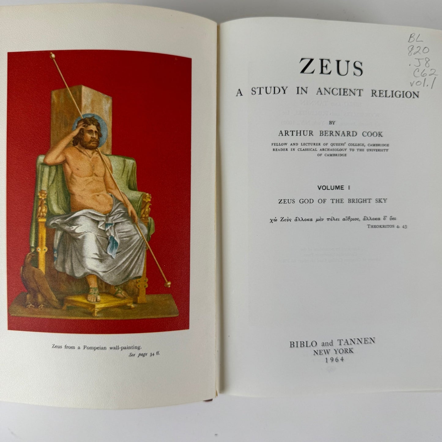 Zeus: A Study in Ancient Religion, Volume I — Zeus: God of the Bright Sky, 1964 Mythology Hardcover - Pretty Old Books