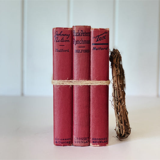 Clarence E. Mulford Book Set, Antique Old West Novels, Maroon Red Books for Shelf Styling