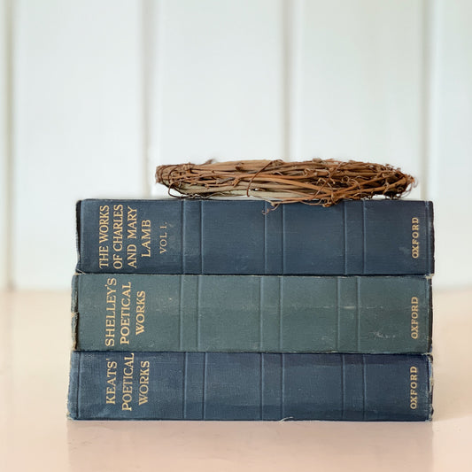 Antique Blue Oxford Poetry and Charles Lamb Books, Old Books For Decor, Navy Blue Small Book Set