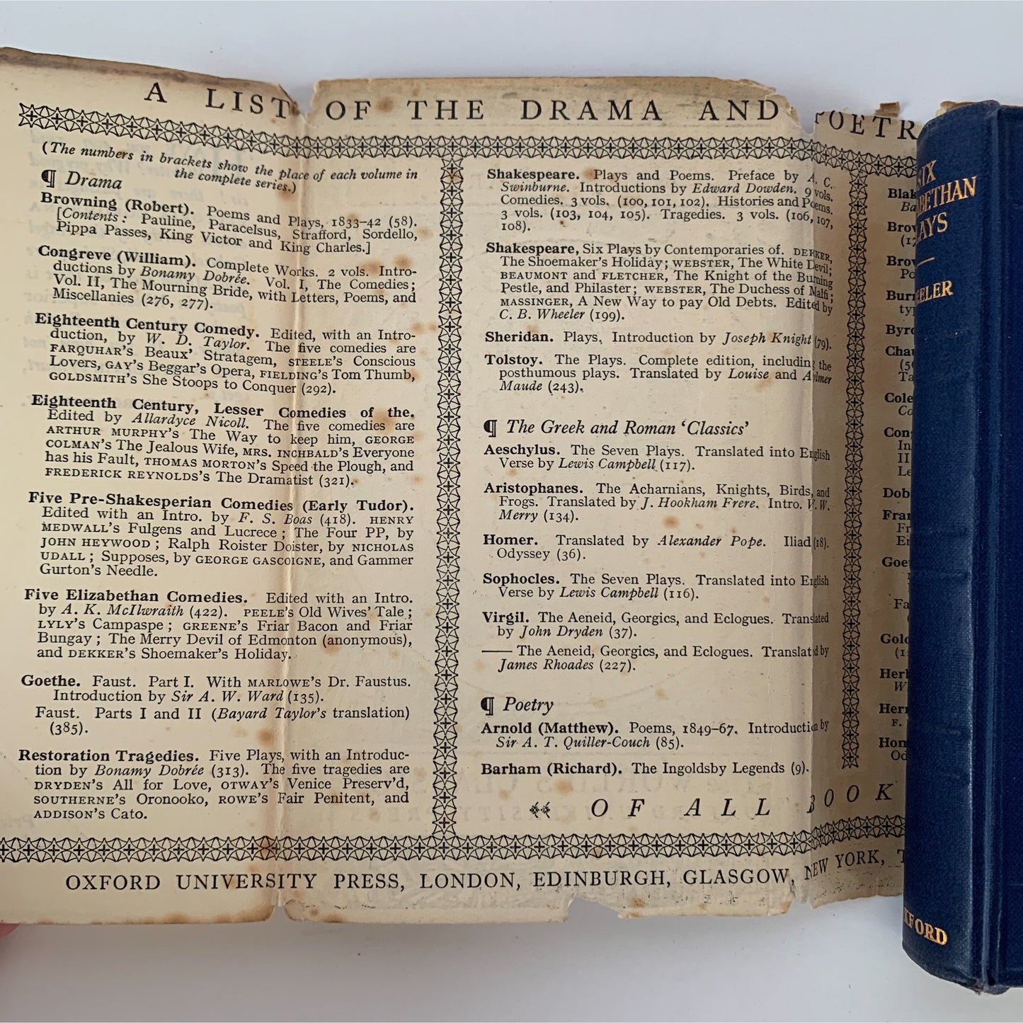 Six Plays by Contemporaries of Shakespeare, 1935 The World's Classics Oxford Press