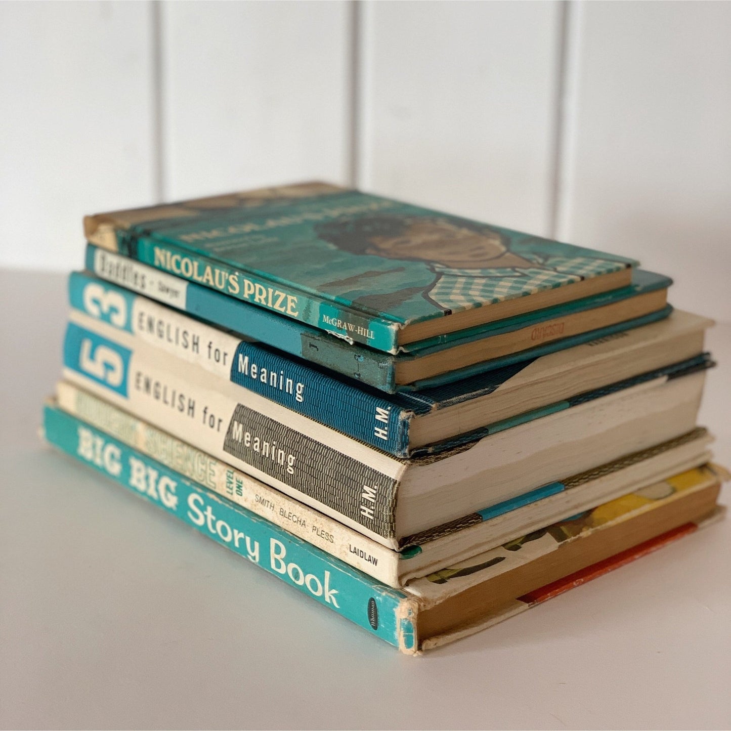 Mid - Century Turquoise and White Children's Books and School Books - Pretty Old Books