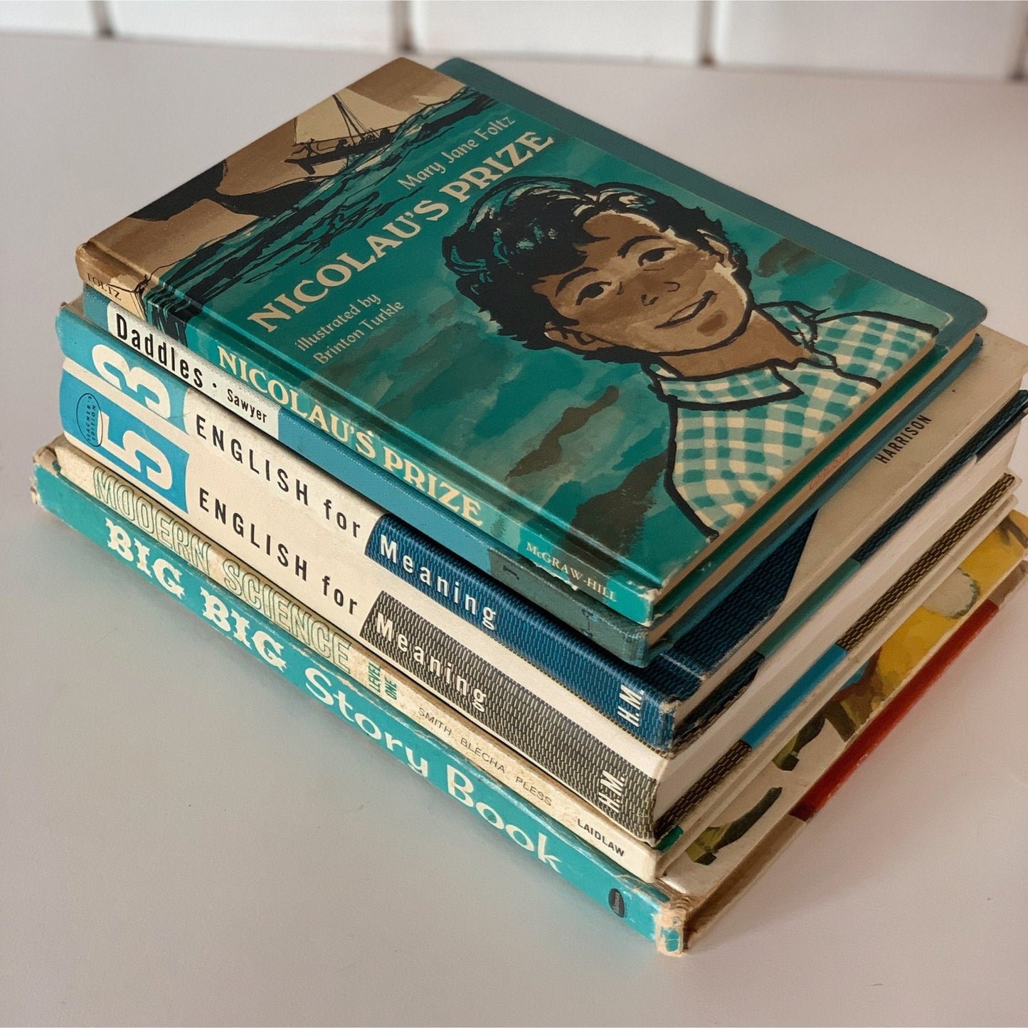 Mid - Century Turquoise and White Children's Books and School Books - Pretty Old Books