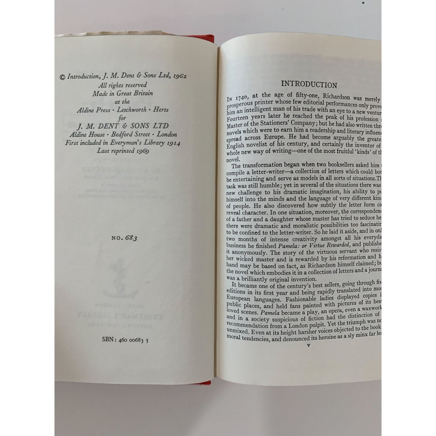 Pamela, Volume One, Hardcover - Everyman's Library 683, 1962 Hardcover - Pretty Old Books