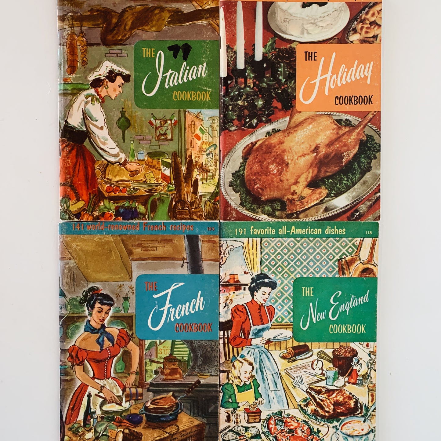 Culinary Arts Institute Mid-Century Paperback Cook Book Set, New England, French, Italian, Holiday Cookbook