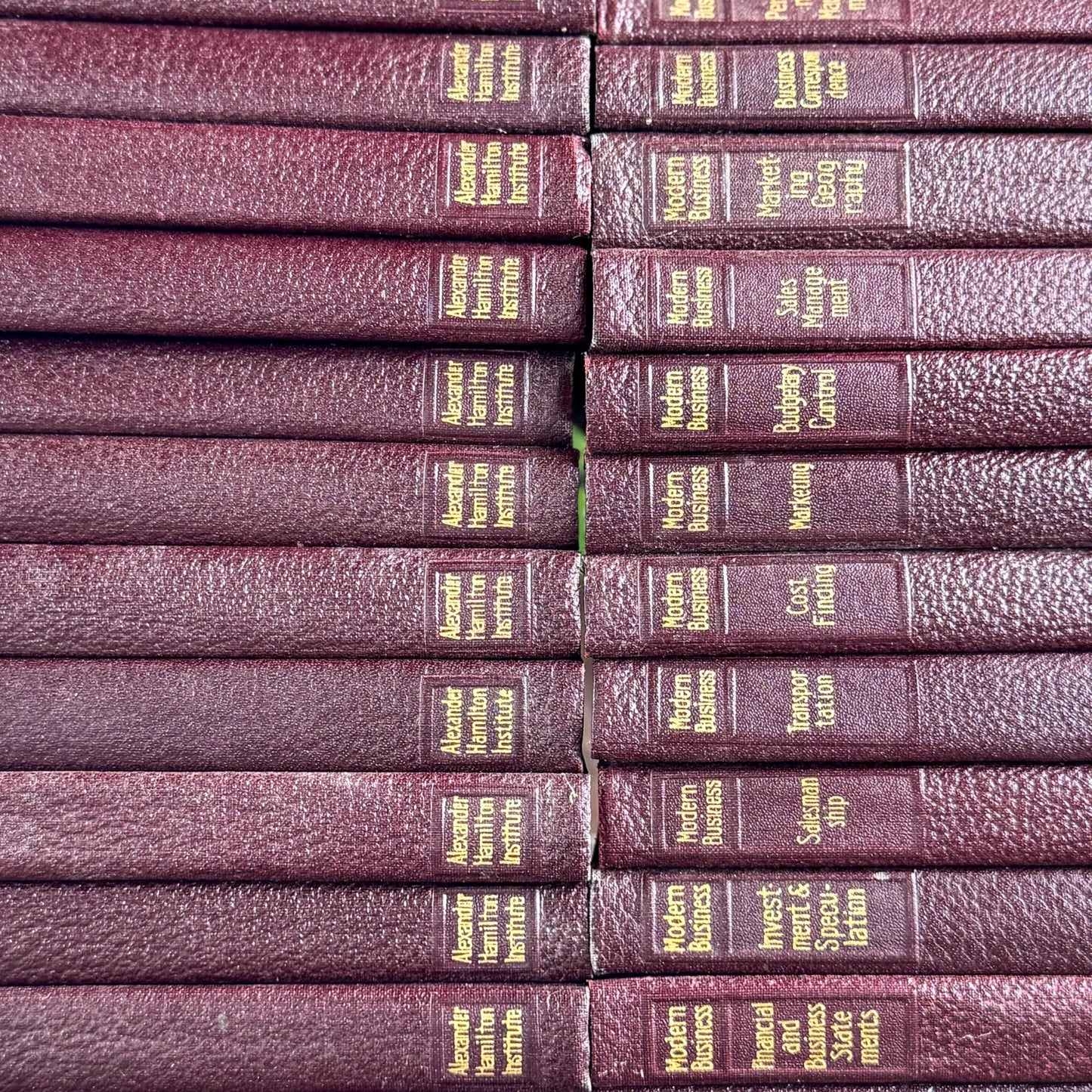 1936 Modern Business Book Set, Alexander Hamilton Institute, Deep Burgundy & Gold Mid Century Marbled Book Set - Pretty Old Books