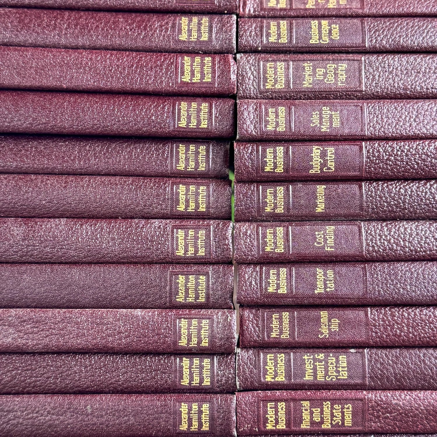 1936 Modern Business Book Set, Alexander Hamilton Institute, Deep Burgundy & Gold Mid Century Marbled Book Set - Pretty Old Books