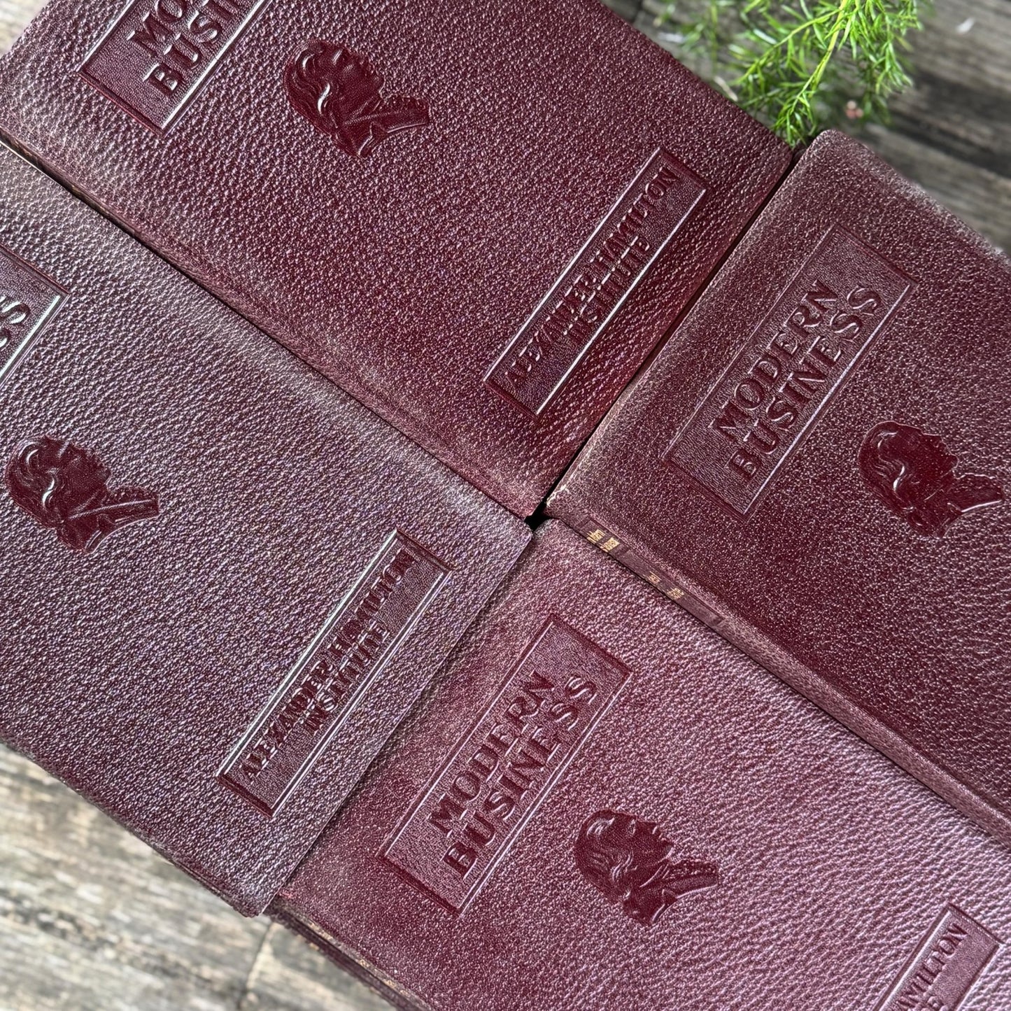 1936 Modern Business Book Set, Alexander Hamilton Institute, Deep Burgundy & Gold Mid Century Marbled Book Set - Pretty Old Books