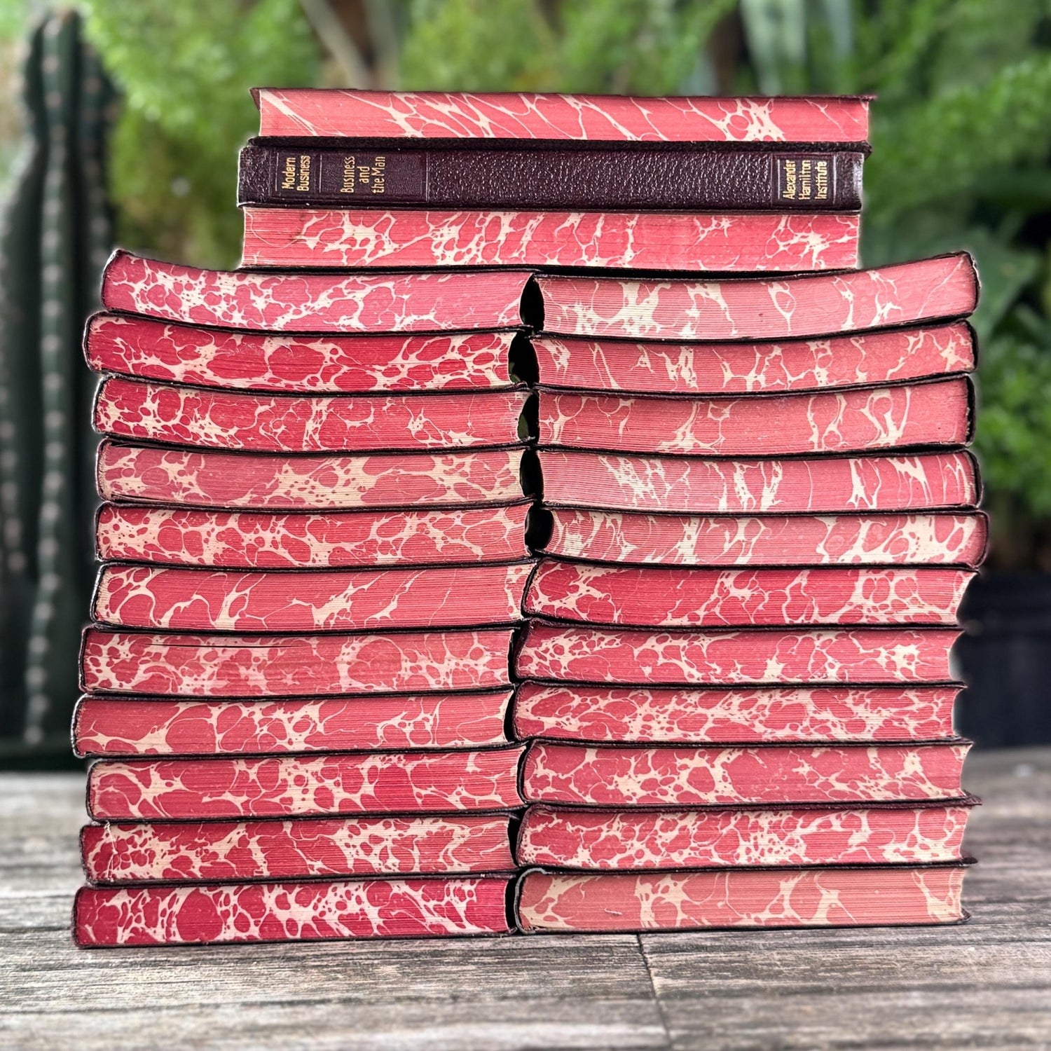 1936 Modern Business Book Set, Alexander Hamilton Institute, Deep Burgundy & Gold Mid Century Marbled Book Set - Pretty Old Books