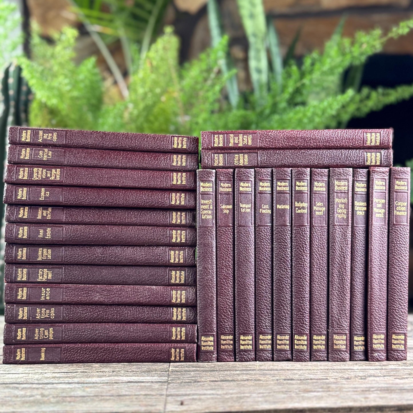 1936 Modern Business Book Set, Alexander Hamilton Institute, Deep Burgundy & Gold Mid Century Marbled Book Set - Pretty Old Books