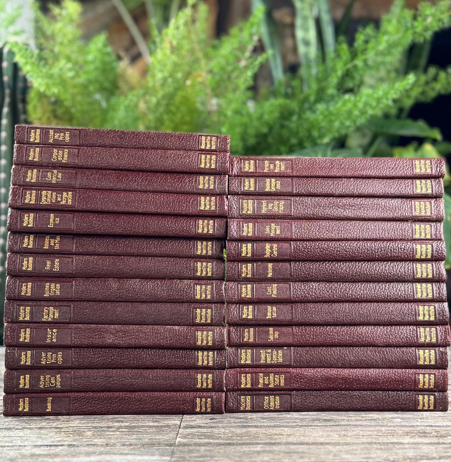 1936 Modern Business Book Set, Alexander Hamilton Institute, Deep Burgundy & Gold Mid Century Marbled Book Set - Pretty Old Books