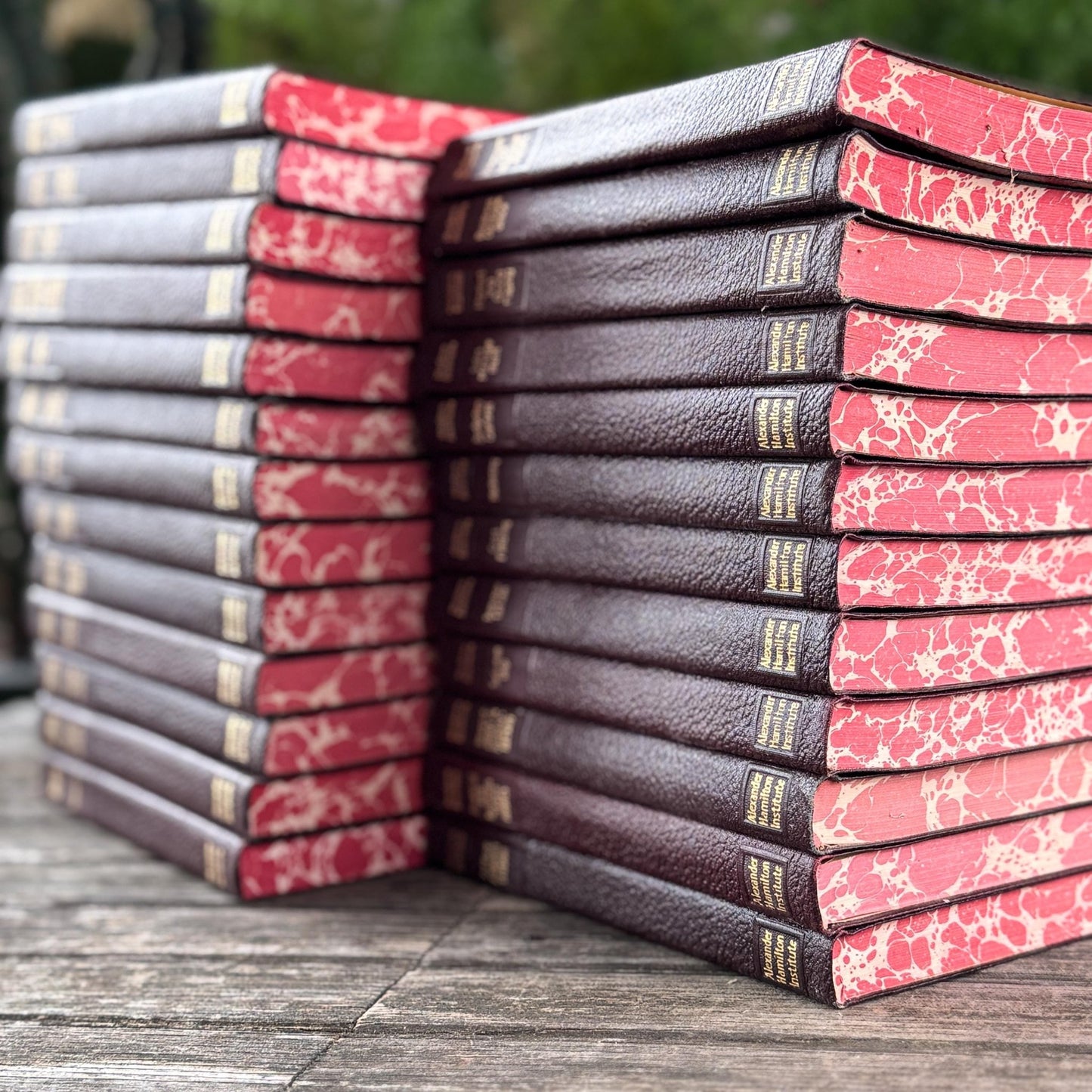 1936 Modern Business Book Set, Alexander Hamilton Institute, Deep Burgundy & Gold Mid Century Marbled Book Set - Pretty Old Books