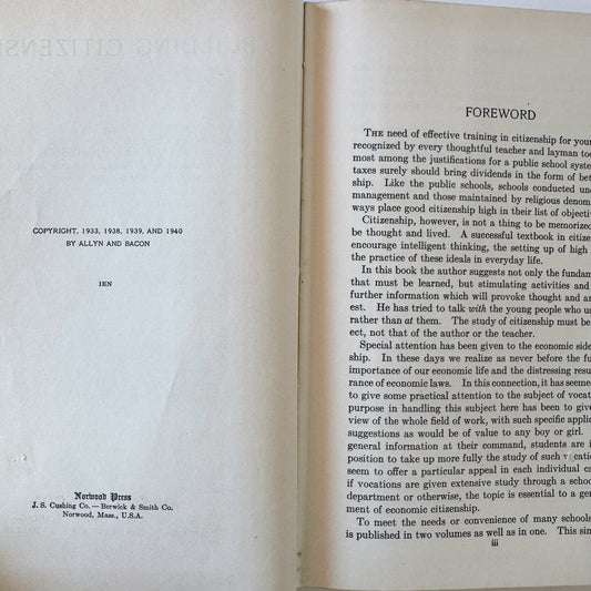 Building Citizenship, 1940 Civics Textbook, Hardcover
