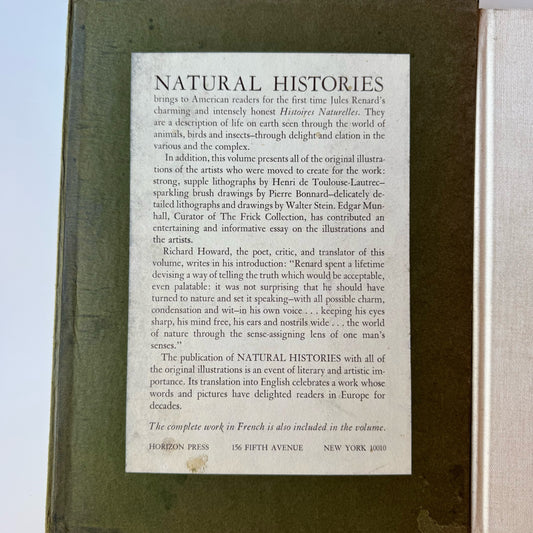 Natural Histories, Jules Renard, Horizons Press Illustrated Slipcover Edition 1966