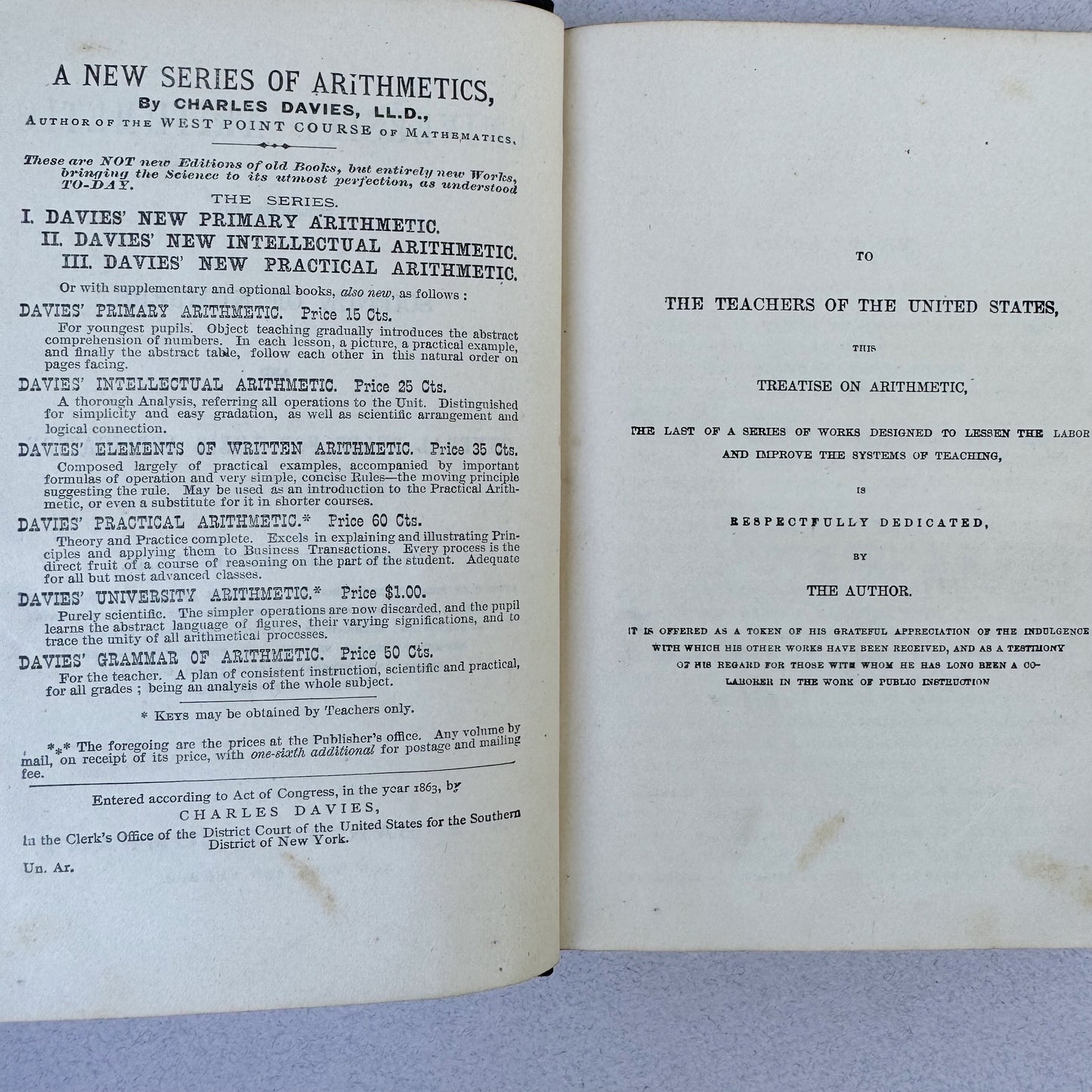 University Arithmetic, Science of Numbers, 1863 Antique School Book