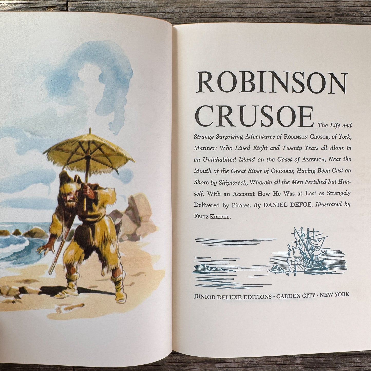 Robinson Crusoe, Daniel Defoe, 1945, Junior Deluxe Editions, Book Club Edition