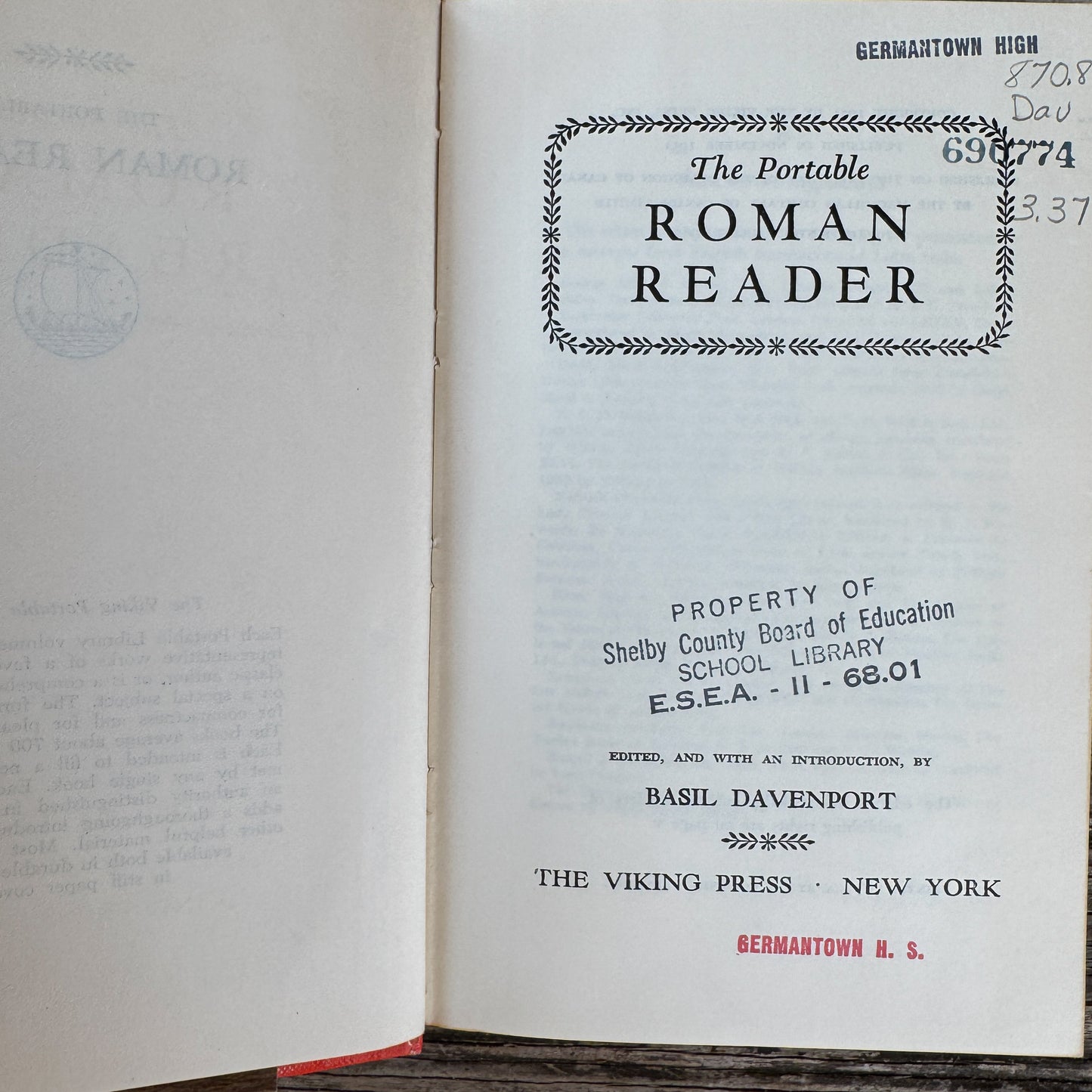 The Portable Roman Reader, The Culture of the Roman State, Basil Davenport, 1967