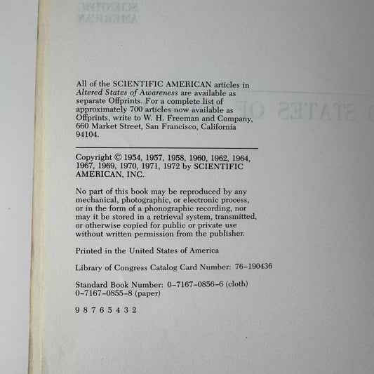 Altered States of Awareness — Scientific American Readings — 1972 Vintage Psychology & Consciousness Studies Paperback
