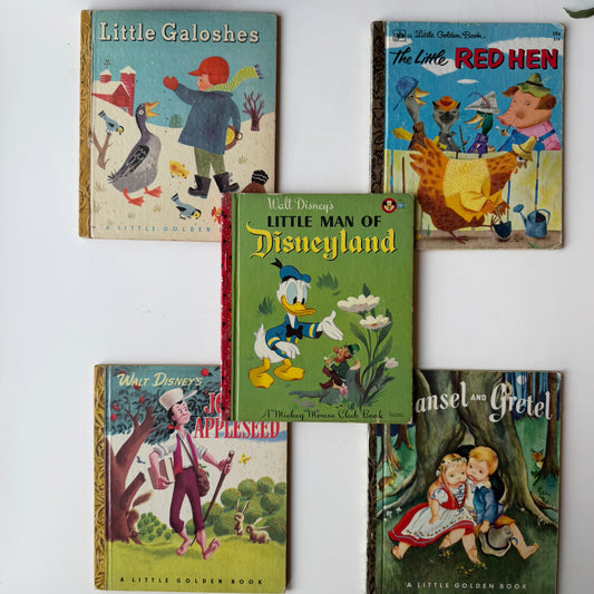 Vintage Golden Book Bundle, Donald Duck, Johnny Appleseed, Hansel & Gretel, Little Galoshes, Little Red Hen