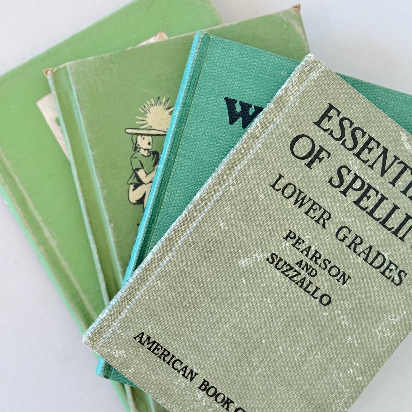 Green Antique and Vintage Spelling School Books, Shabby Book Set