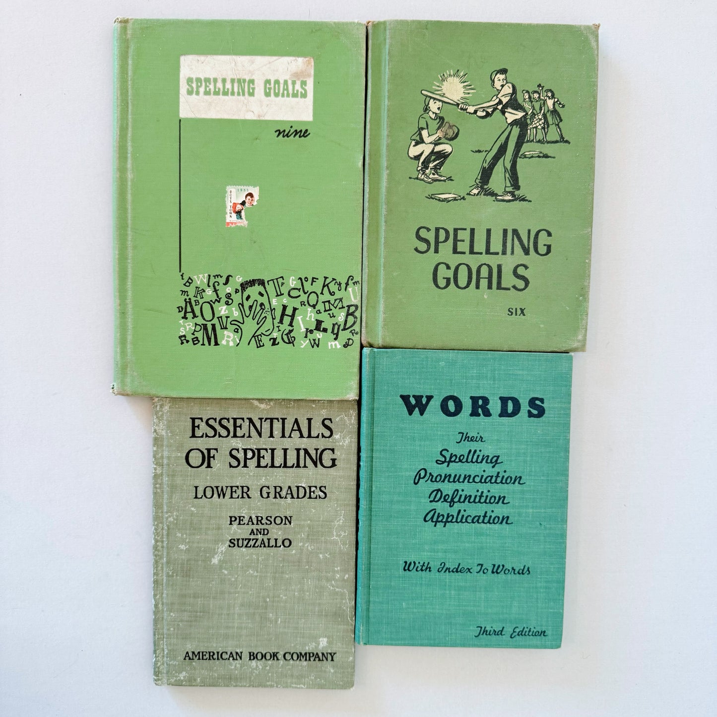 Green Antique and Vintage Spelling School Books, Shabby Book Set