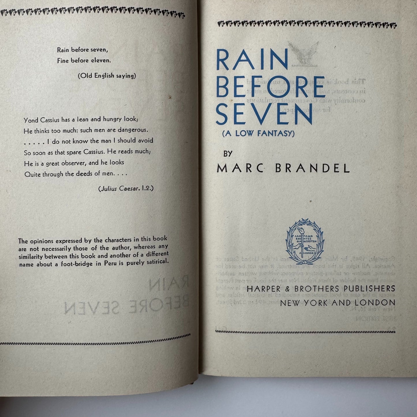 Rain Before Seven, Marc Brandel, 1945, First Edition