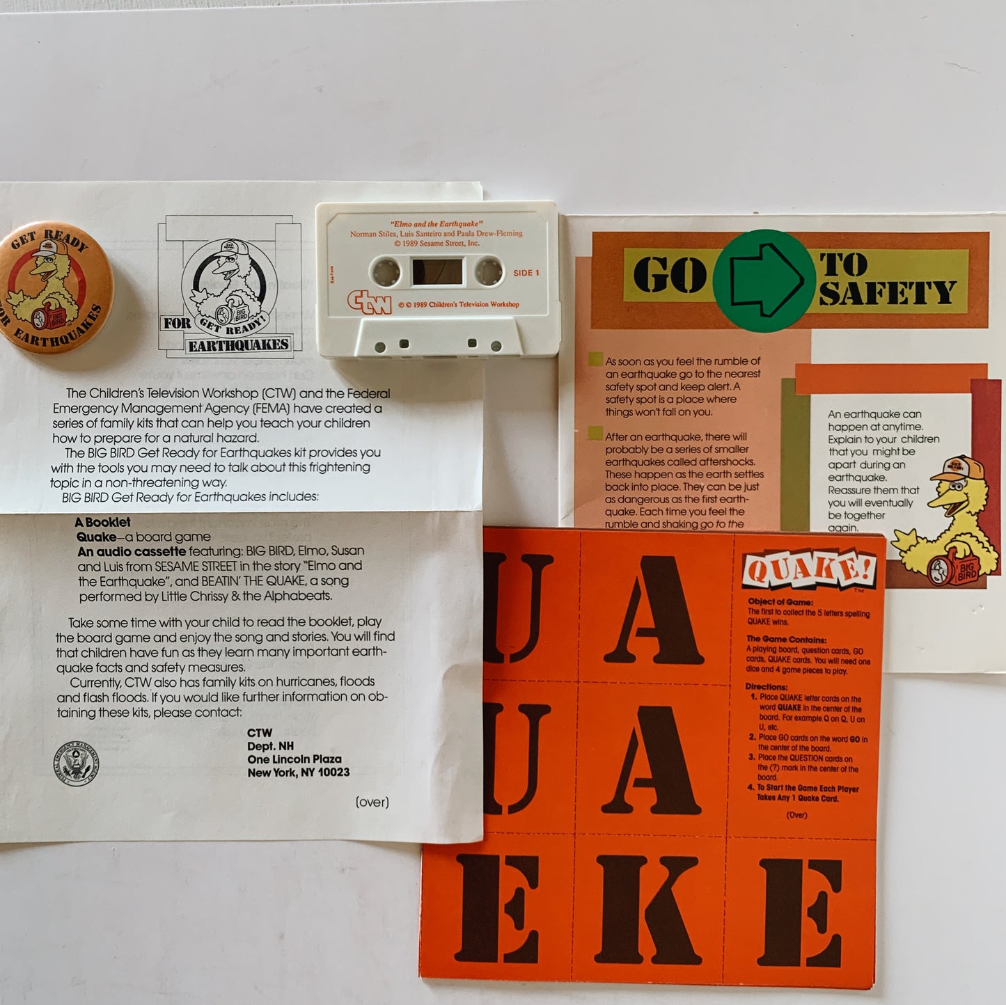 Get Ready For Earthquakes, Sesame Street Educational FEMA Kit, Games, Button, Cassette Tape