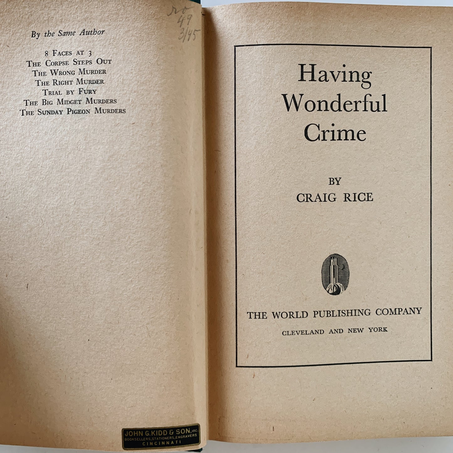 Having a Wonderful Crime, Craig Rice, 1944, Second Printing, HCDJ