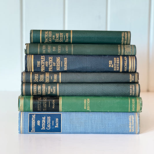 Blue and Green Vintage and Antique School Book Set for Shelf Styling, Nursing and Engineering