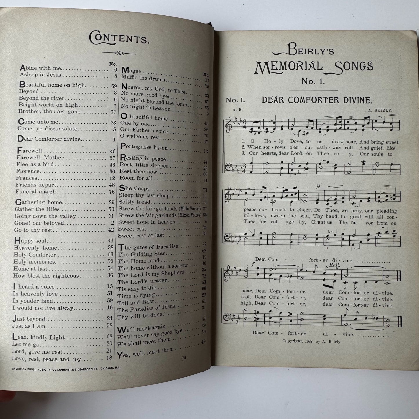 Beirly's Memorial Songs No.1 Funeral Song Book, 1892 Hardcover