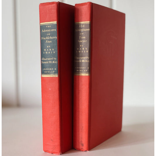 Mark Twain Set - Red Illustrated Huck Finn and Tom Sawyer 1940s
