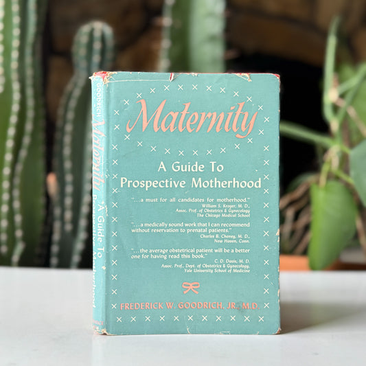 Book titled 'Maternity: A Guide to Prospective Motherhood' on a surface with plants in the background