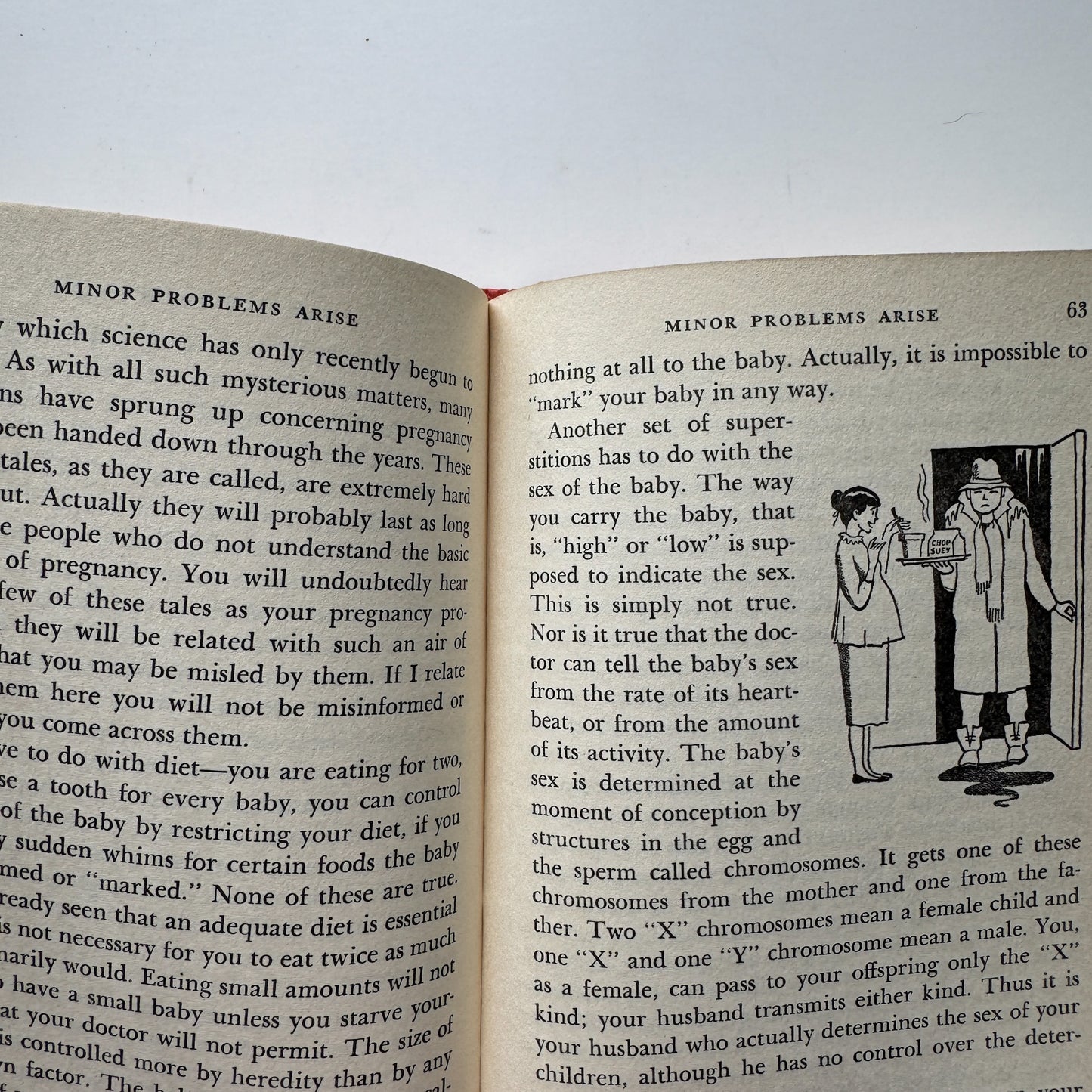Open book with text and illustration on a white background