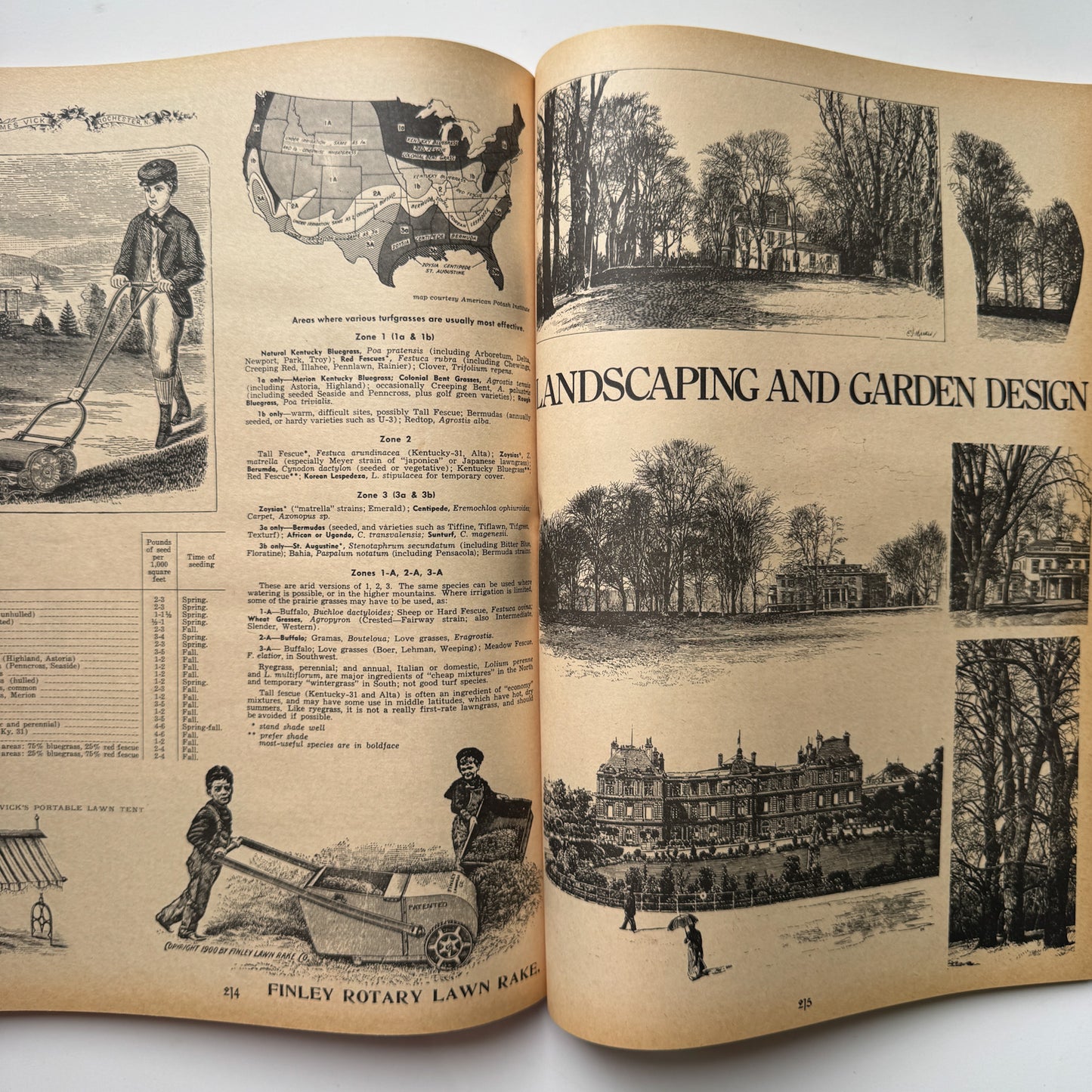 Open book on landscaping and garden design with illustrations and text.