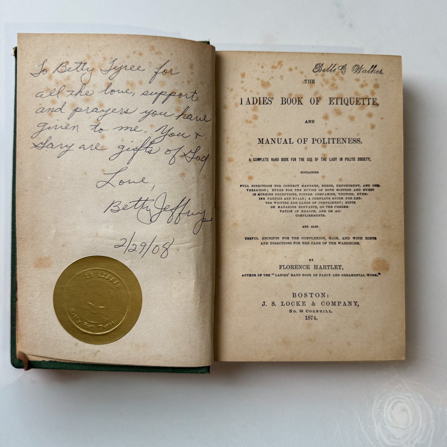 The Ladies Book of Etiquette and Manual of Politeness, Florence Hartley, 1874, Ornate Green Hardcover