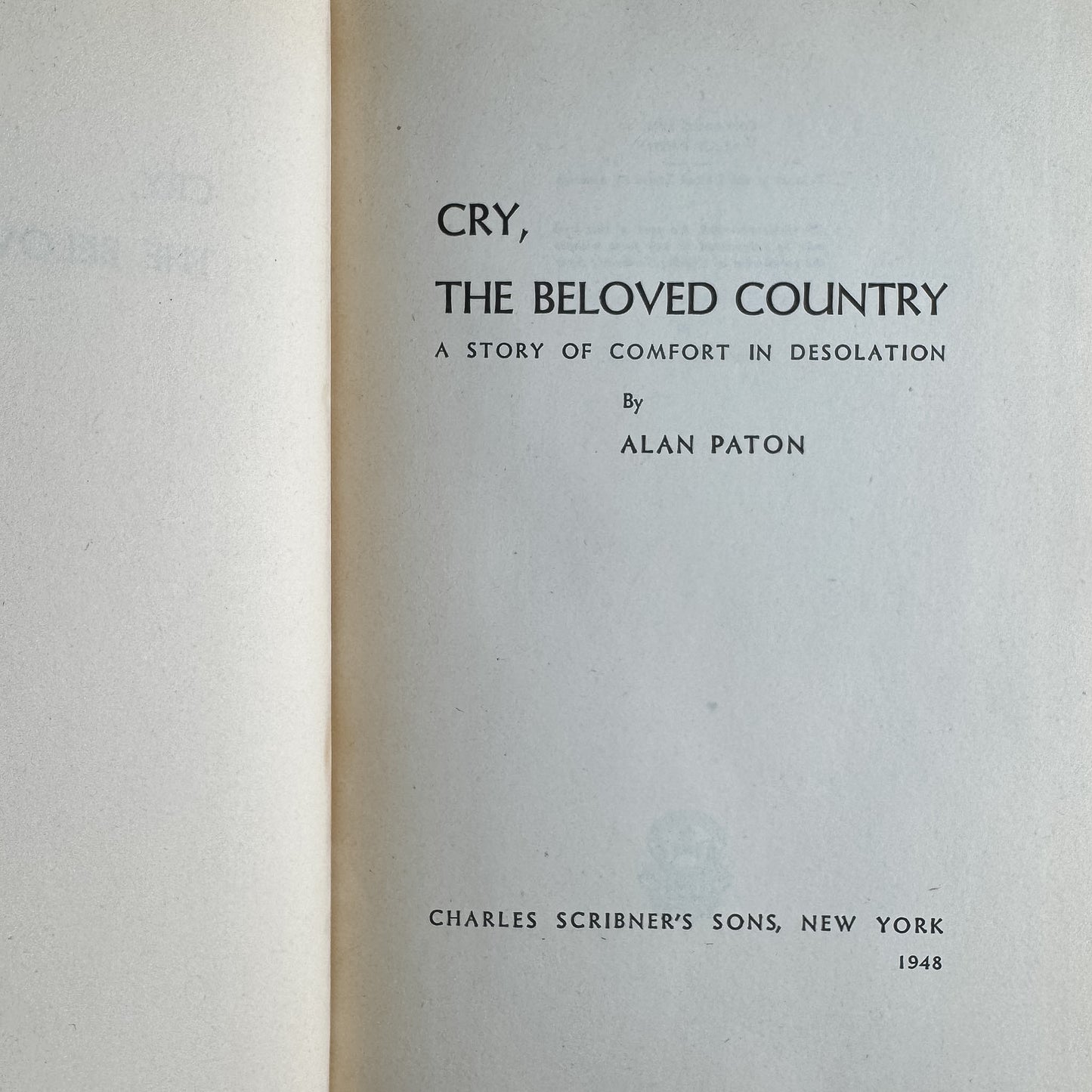 Cry, the Beloved Country, Alan Paton, 1948, Book of the Month Club Edition