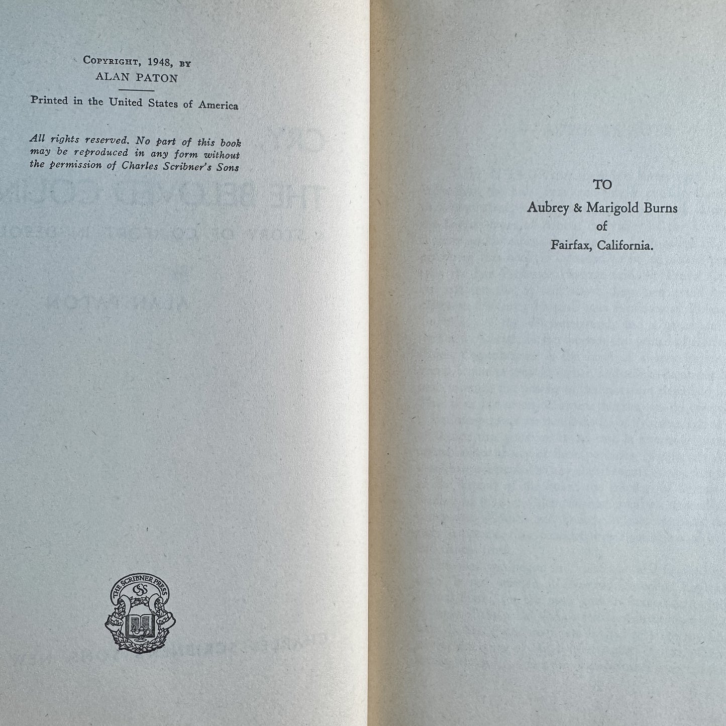 Cry, the Beloved Country, Alan Paton, 1948, Book of the Month Club Edition