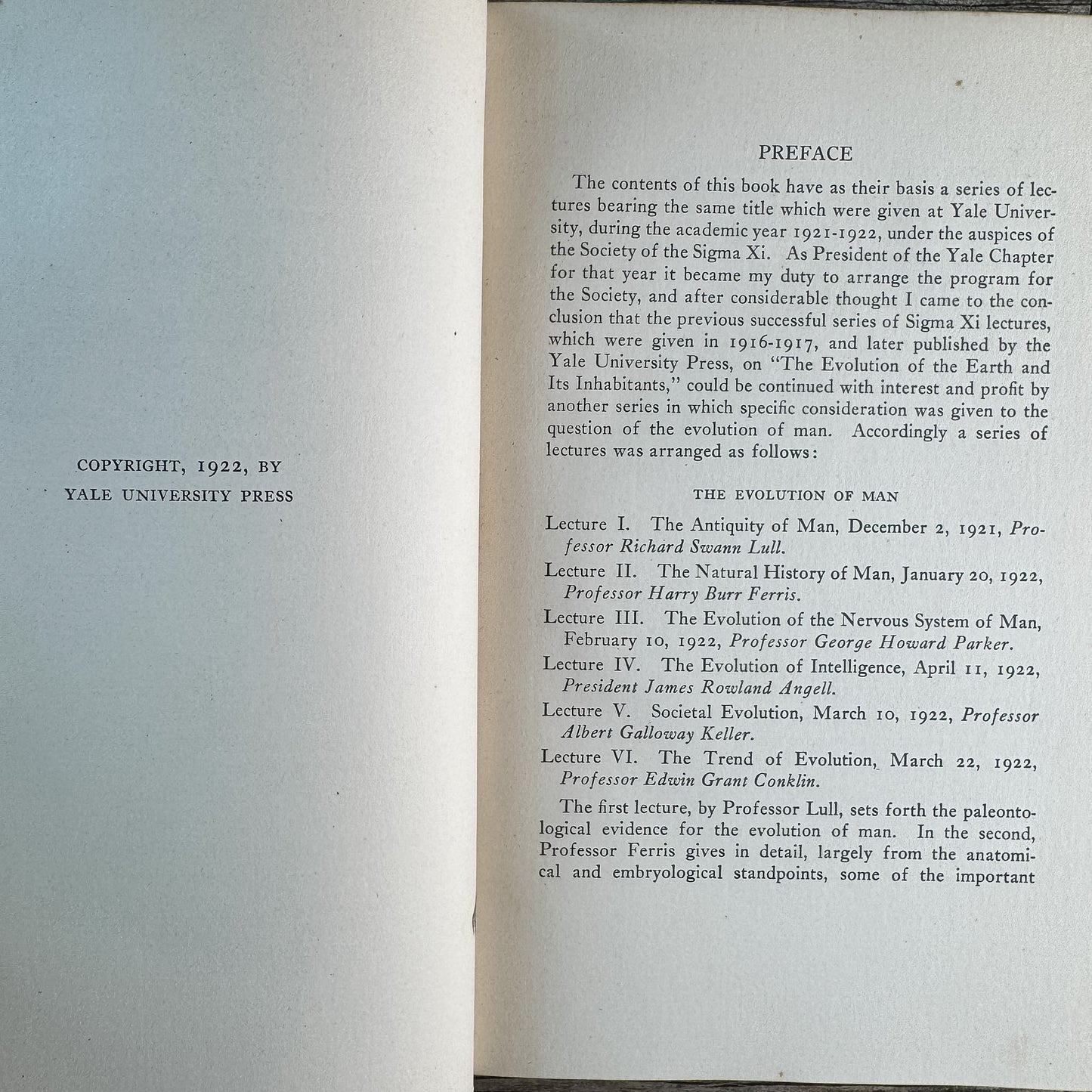 The Evolution of Man, R. S. Lull and Others, 1922, Yale University Press, Lectures Before the Yale Chapter of Sigma Chi 1921-1922