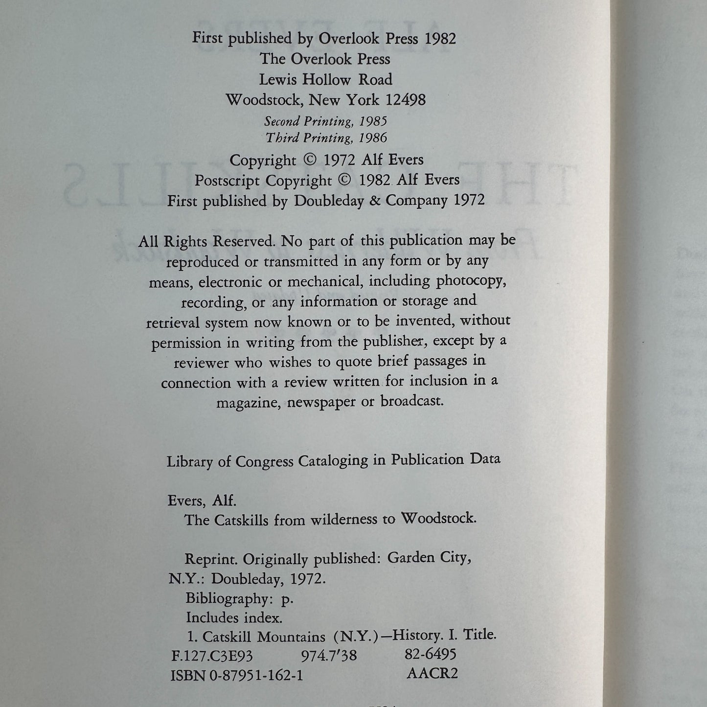 The Catskills: From Wilderness to Woodstock, Alf Evers, 1982