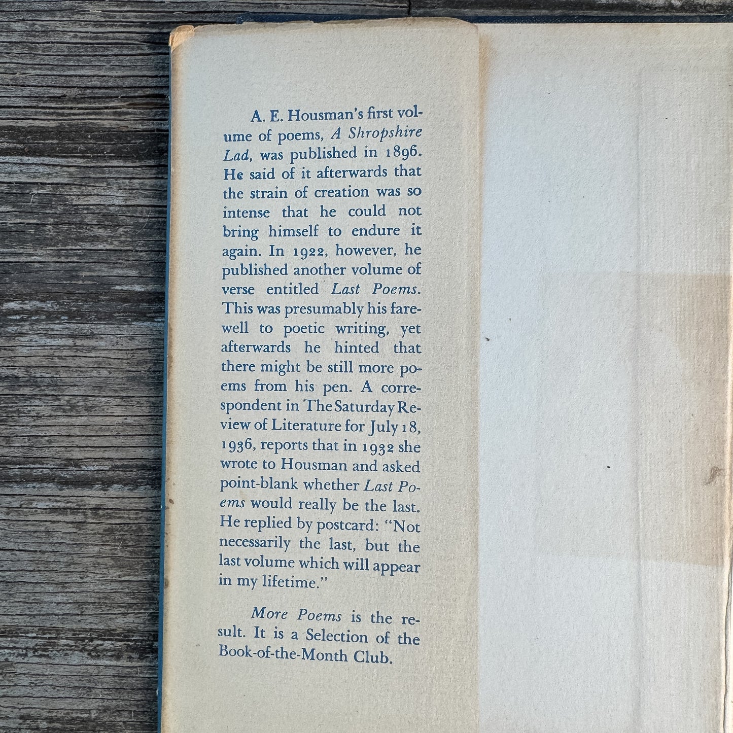 More Poems, A.E. Housman, 1936, Book of the Month Club Edition
