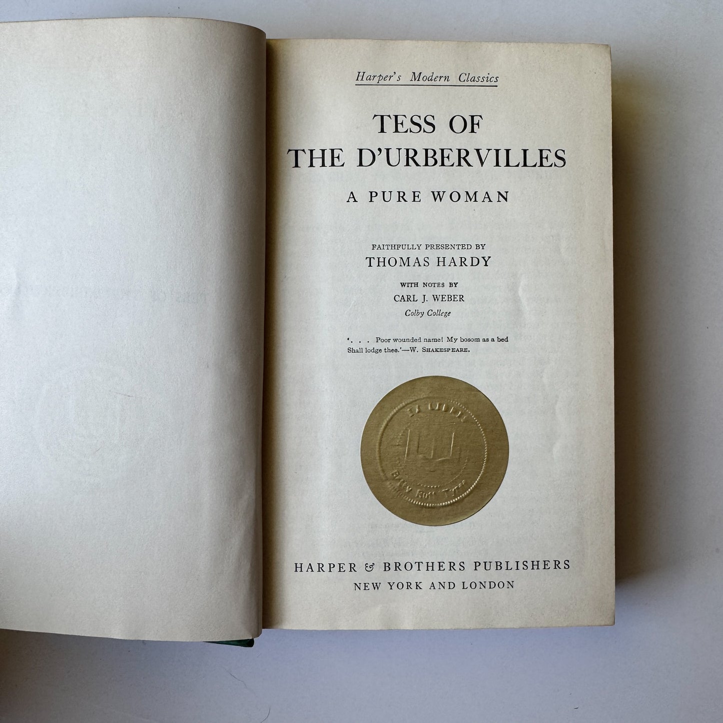 Tess Of the D'Urbervilles, Thomas Hardy, Harper's Modern Classics 1935 Green HC