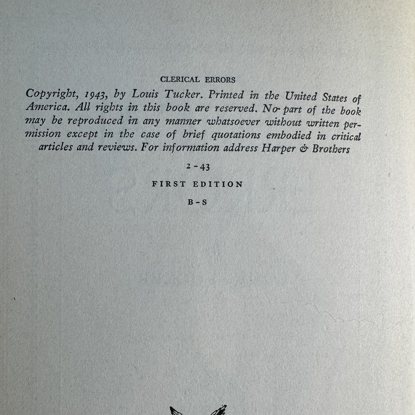 Clerical Errors, Louis Tucker, 1943 First Edition