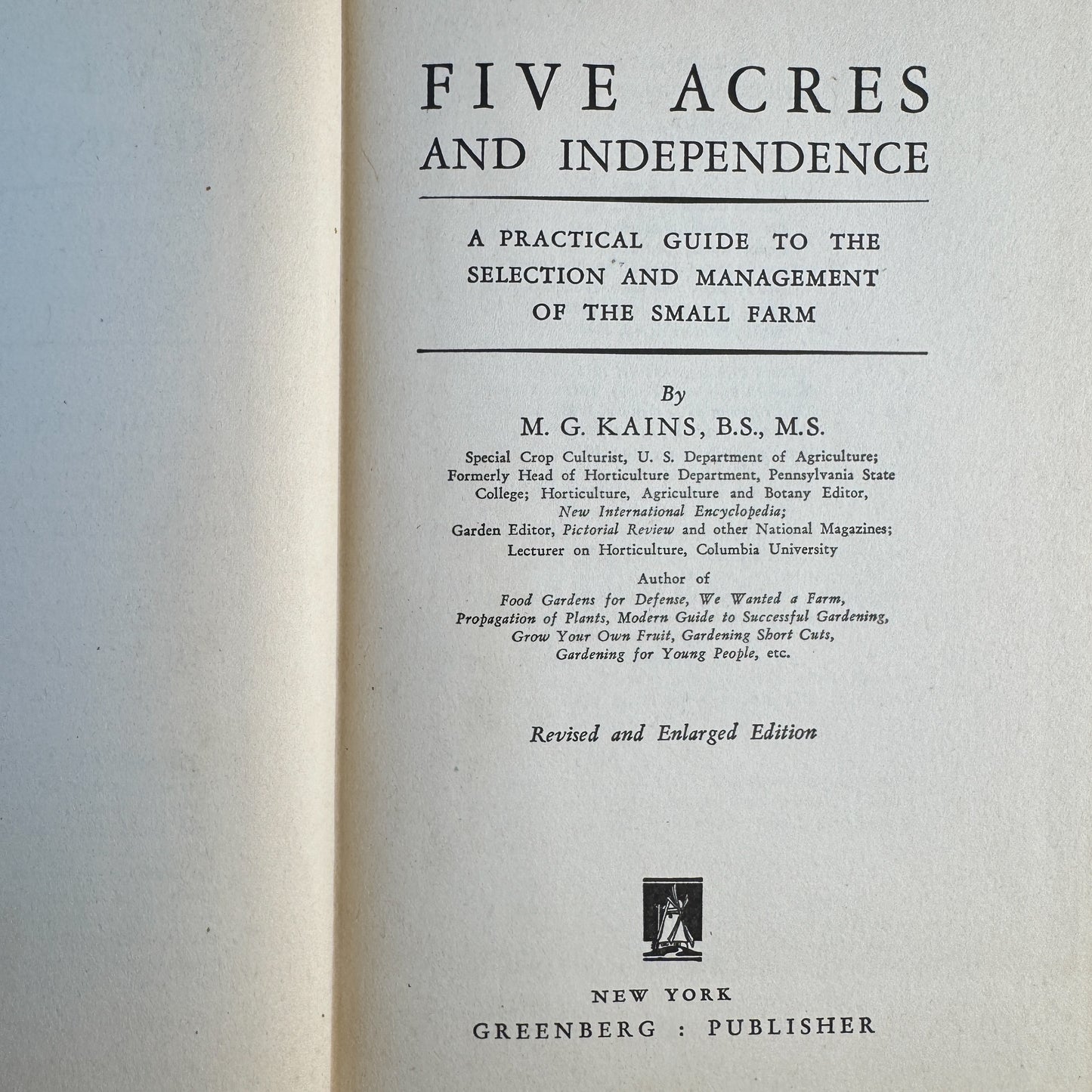 Five Acres and Independence, M.G. Kains, 1935