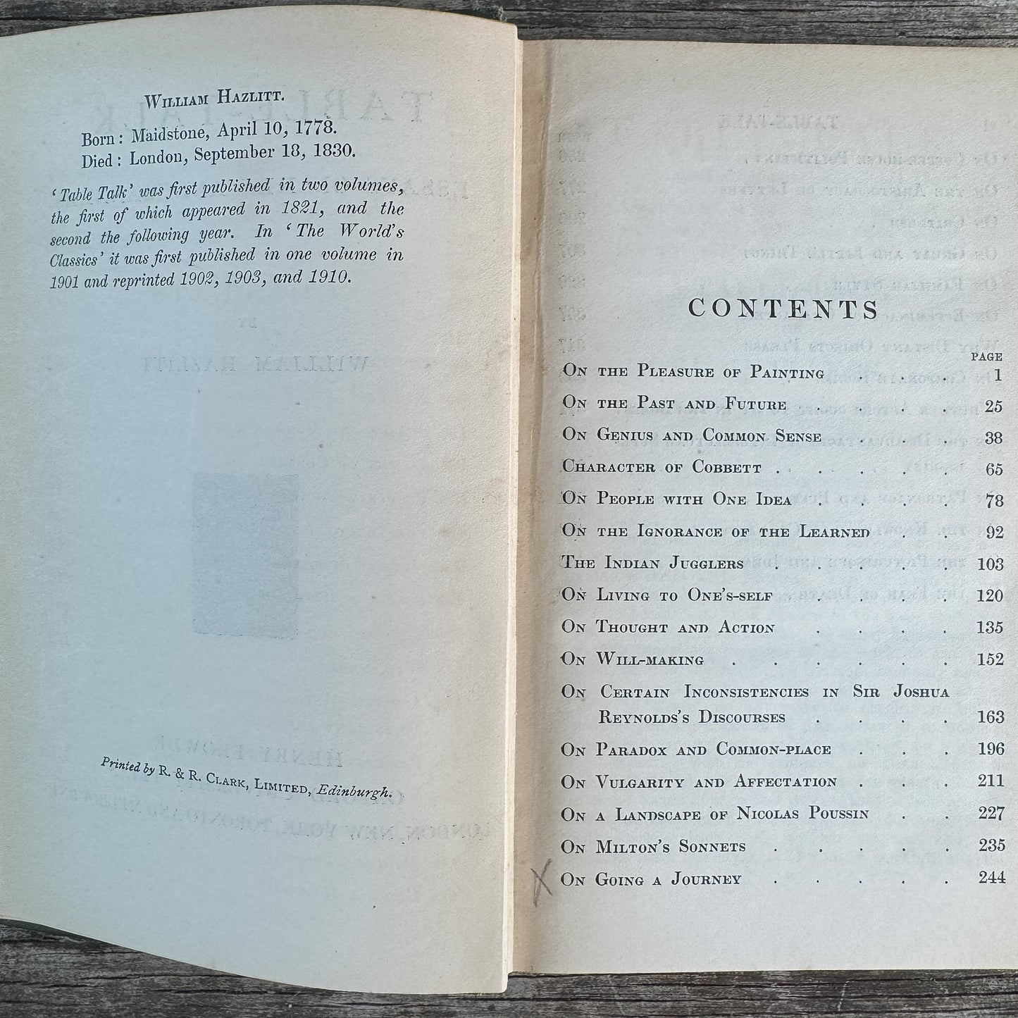 Table Talk, William Hazlitt, The World's Classics Edition