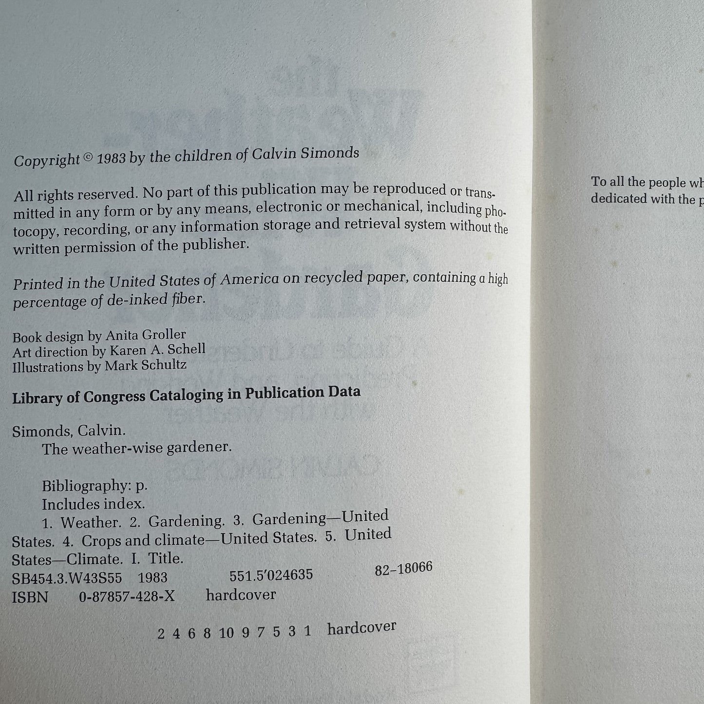 The Weather-Wise Gardener, Calvin Simonds, 1983, First Printing