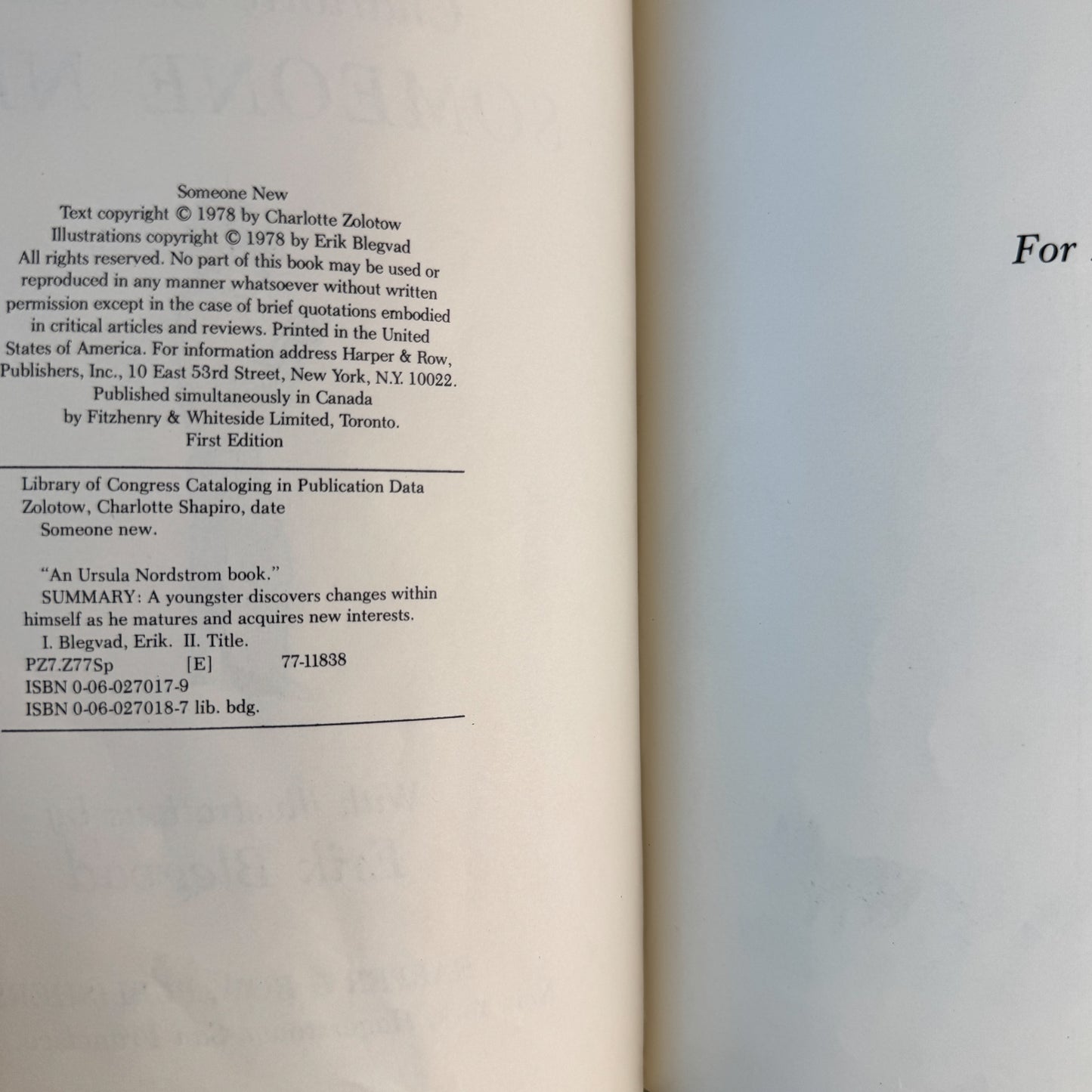 Someone New, Charlotte Zolotow, 1978, First Edition