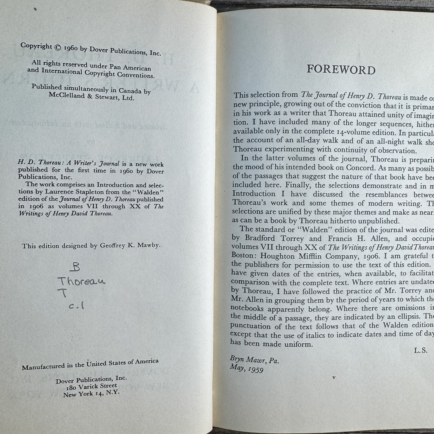 H. D. Thoreau, A Writer's Journal, Laurence Stapleton, 1960