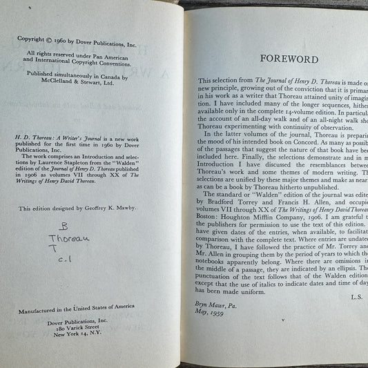 H. D. Thoreau, A Writer's Journal, Laurence Stapleton, 1960