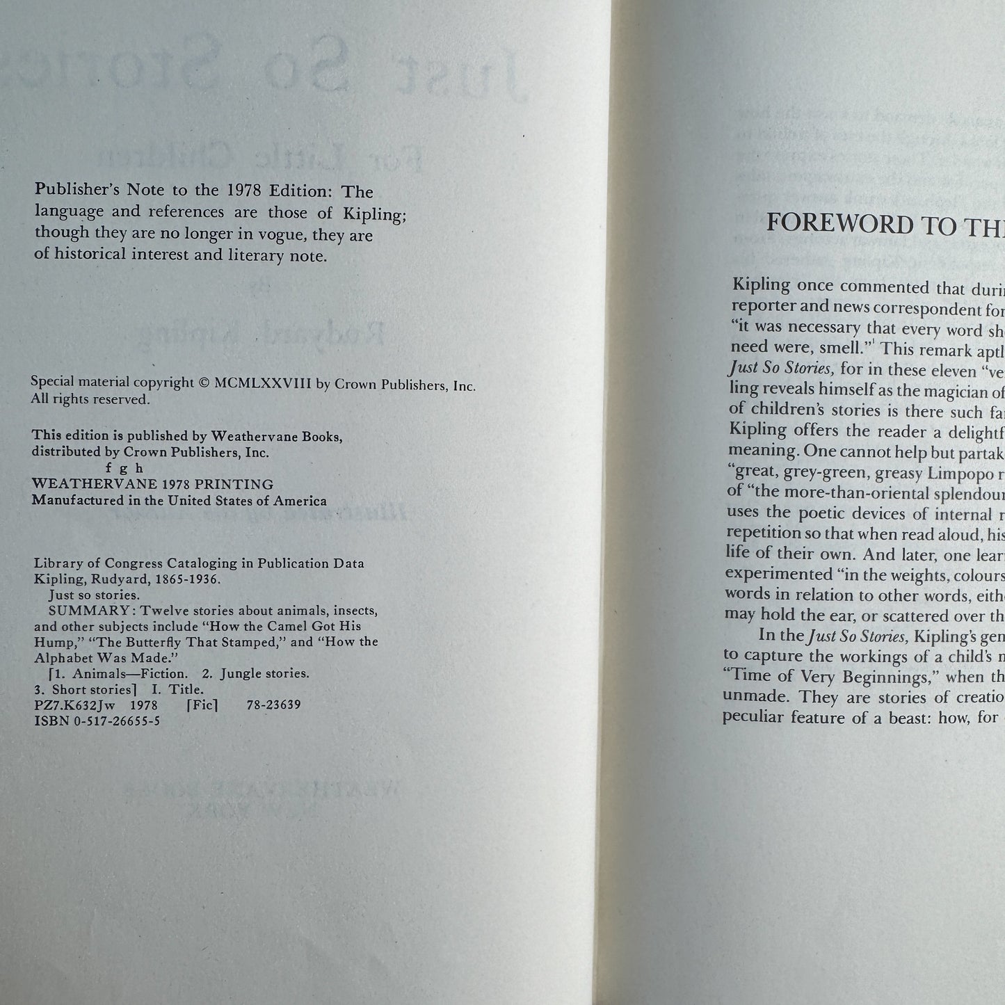 Just So Stories, Rudyard Kipling, 1978 Weathervane Edition
